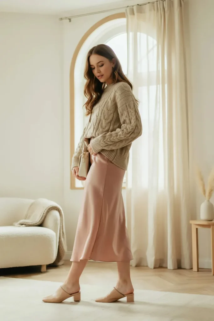 18 Outfit Ideas for Women That Make Getting Dressed Way More Fun 8 Satin Skirt Chunky Sweater