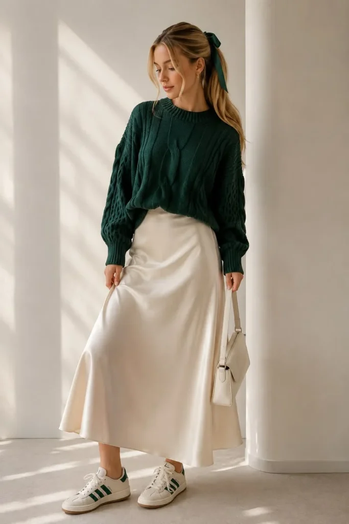 Feel-Good Fashion Starts Here: 15 Plus Size Outfit Ideas for Every Kind of Day 12 Satin Skirt With a Cozy Sweater