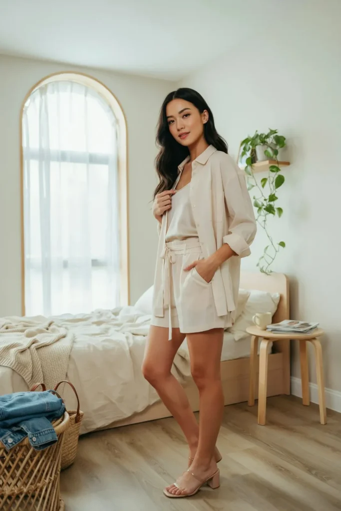 18 Shorts Outfit Ideas That Look Effortlessly Cool, Not Like You Just Gave Up 17 Sheer Shirt Shorts Set
