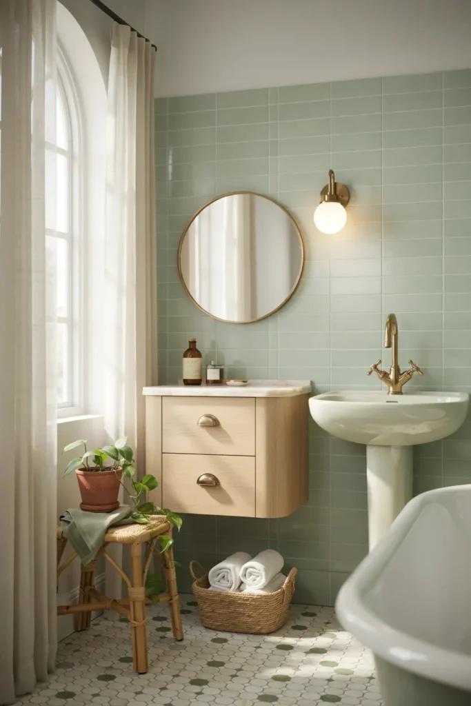 17 Green Bathroom Ideas That Are Giving “Luxury Spa Meets Pinterest Queen” Energy 16 Soft Pistachio Green for a Modern Retro Twist