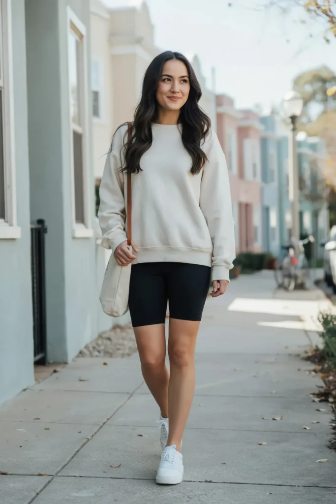 18 Shorts Outfit Ideas That Look Effortlessly Cool, Not Like You Just Gave Up 12 Sweatshirt Biker Shorts