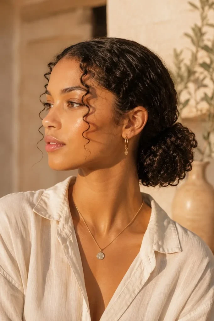 19 Cute Hairstyles for Curly Hair That'll Make You Fall in Love With Your Curls All Over Again 6 The Low Curly Bun With Face Framing Pieces