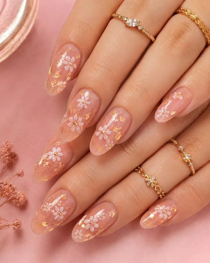 17 Pink Almond Nail Ideas That Are So Pretty, Your Mani Will Break the Group Chat 14 Translucent Pink Jelly with Gold Foil