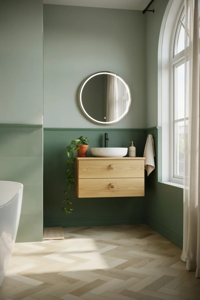 17 Green Bathroom Ideas That Are Giving “Luxury Spa Meets Pinterest Queen” Energy 18 Two Tone Green Bathroom Design