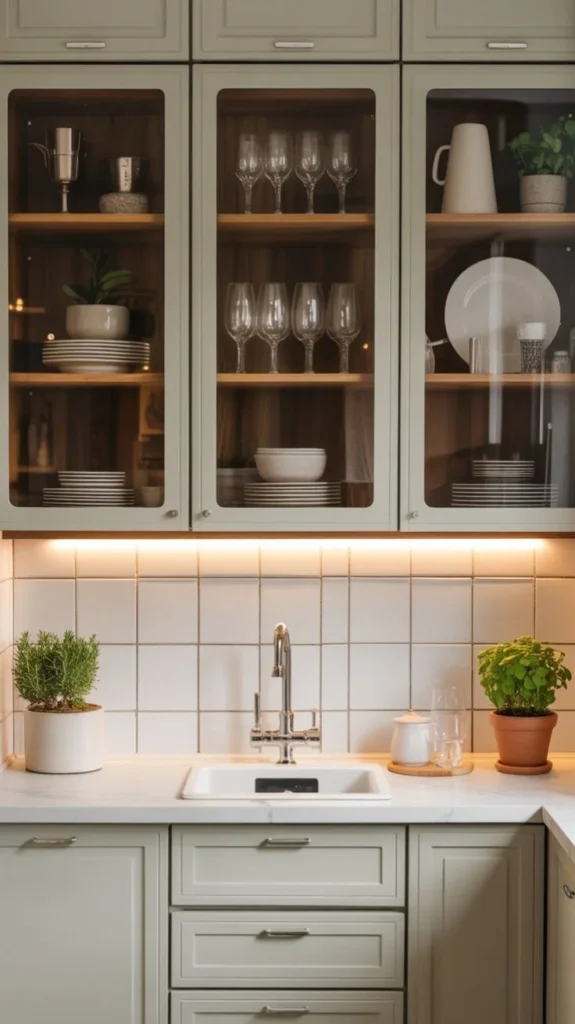 19 Small Kitchen Ideas That Make Tiny Spaces Look Straight Out of a Designer Pinterest Board 9 Use Glass Cabinet Doors