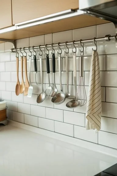 19 Small Kitchen Ideas That Make Tiny Spaces Look Straight Out of a Designer Pinterest Board 11 Use Hooks Everywhere