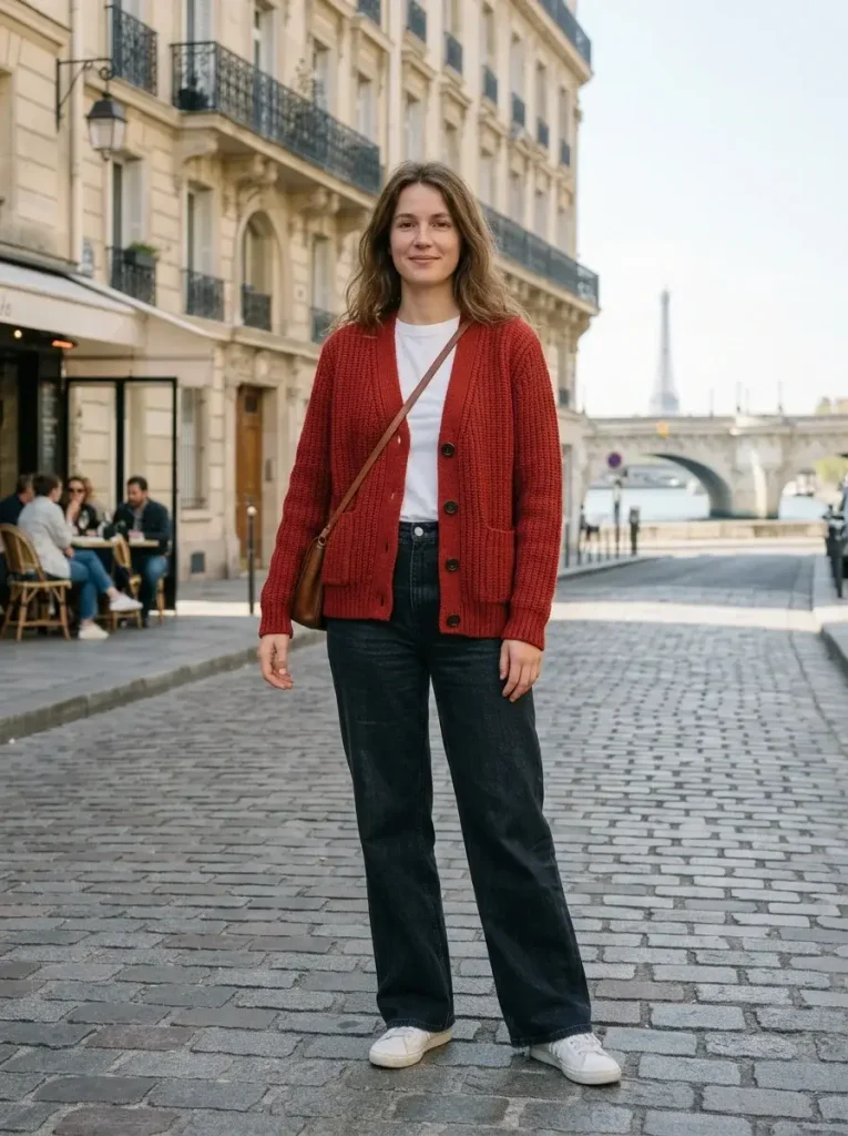 15 Early Fall Outfits for the Weeks You Can't Trust the Weather 4 A cardigan buttoned only at the top button