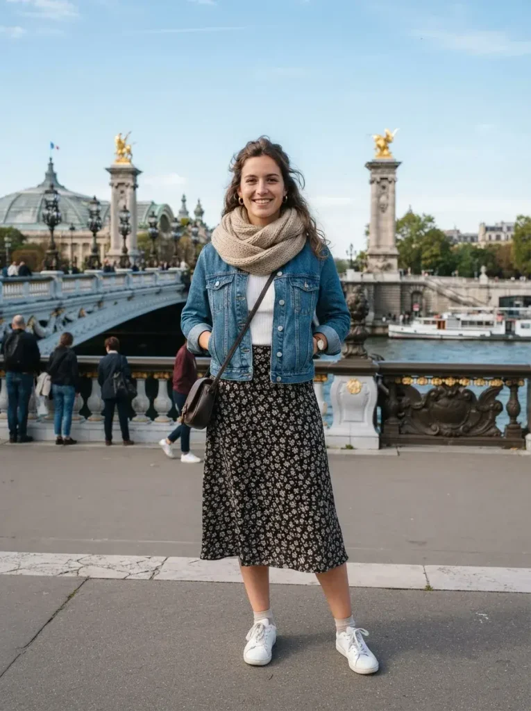 A cropped denim jacket a chunky scarf midi skirt
