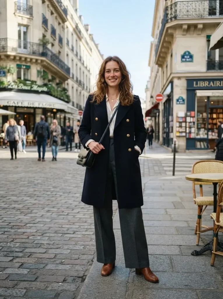 A double breasted coat a silk blouse wide leg trousers