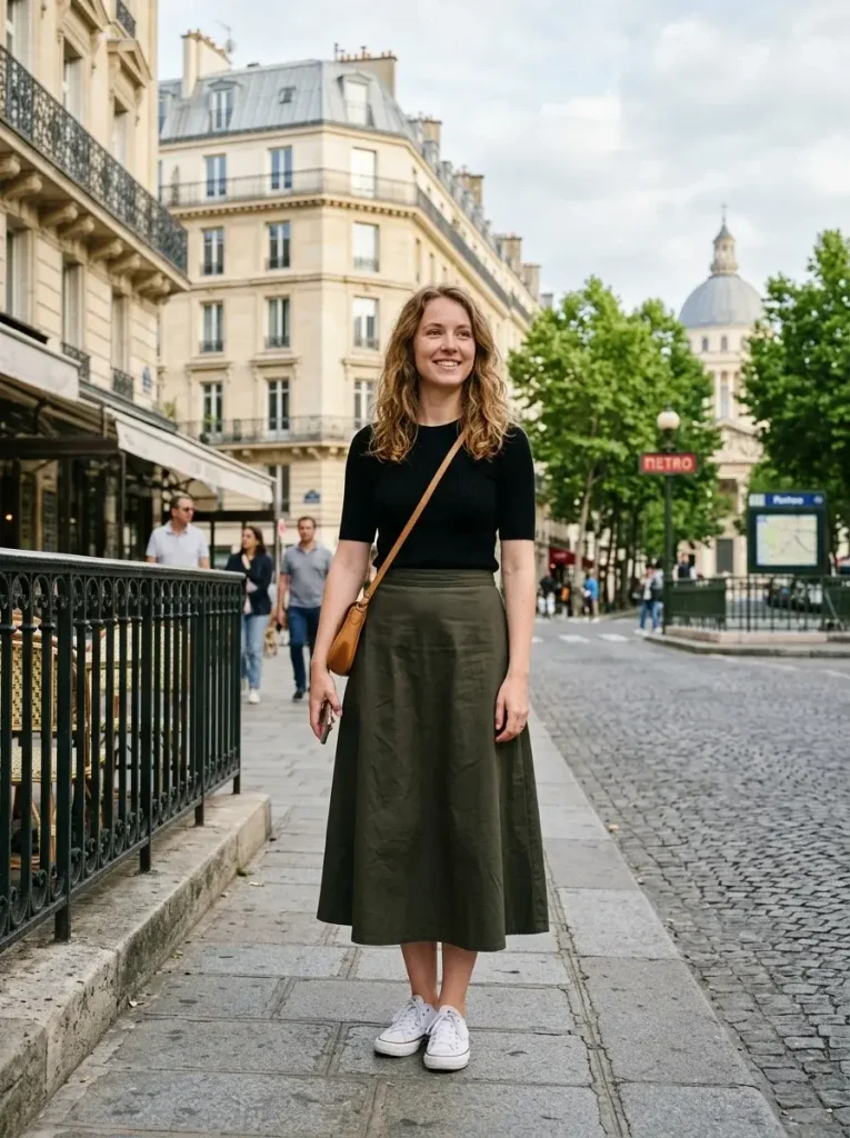 15 Early Fall Outfits for the Weeks You Can't Trust the Weather 7 A fitted short sleeve top and a midi skirt