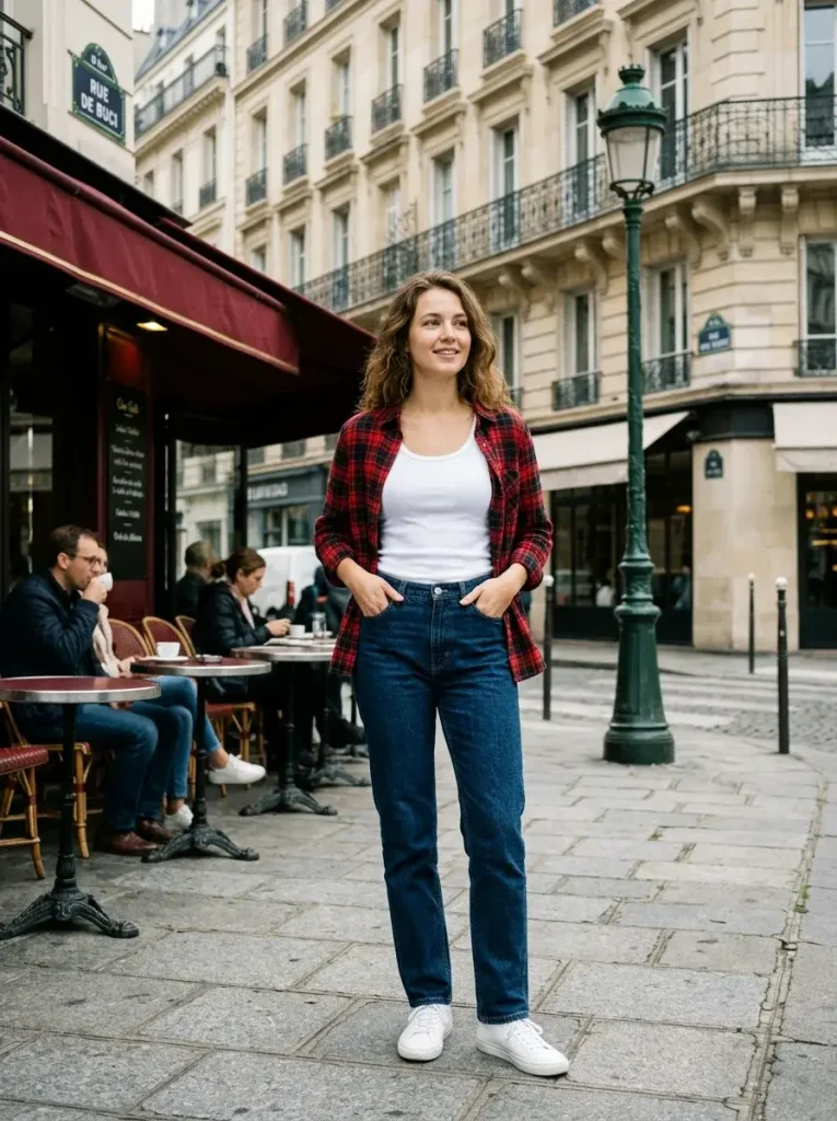 15 Early Fall Outfits for the Weeks You Can't Trust the Weather 5 A flannel shirt worn open over a fitted tank