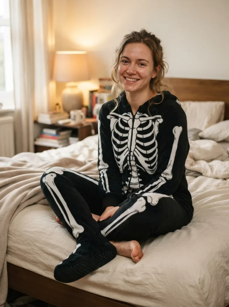 A footed sleeper in a costume print