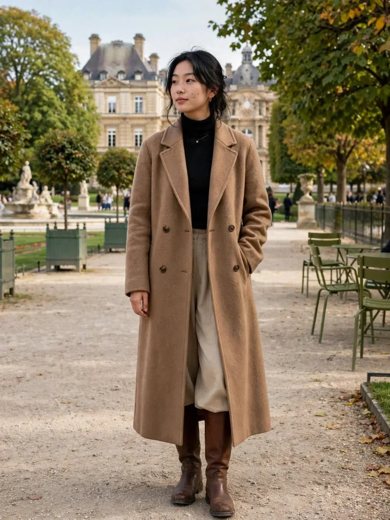 A full length wool coat a turtleneck wide leg trousers tall boots 768x1024 1