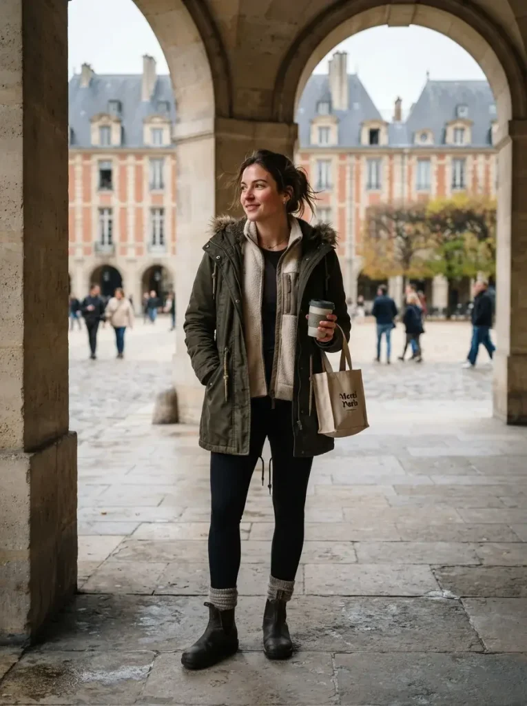 A hooded parka a fleece layer underneath thermal leggings