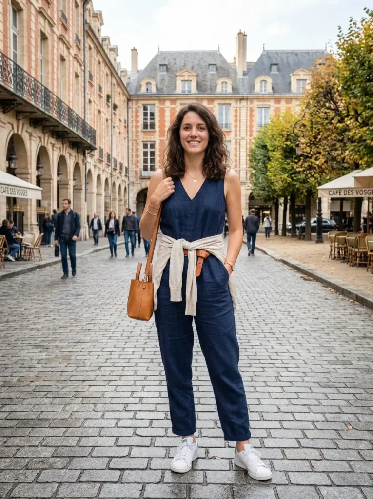 15 Early Fall Outfits for the Weeks You Can't Trust the Weather 16 A jumpsuit with a removable belt and a light cardigan tied at the waist