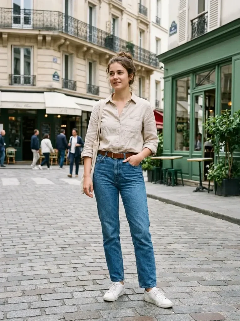 15 Early Fall Outfits for the Weeks You Can't Trust the Weather 9 A linen button down sleeves rolled tucked into jeans