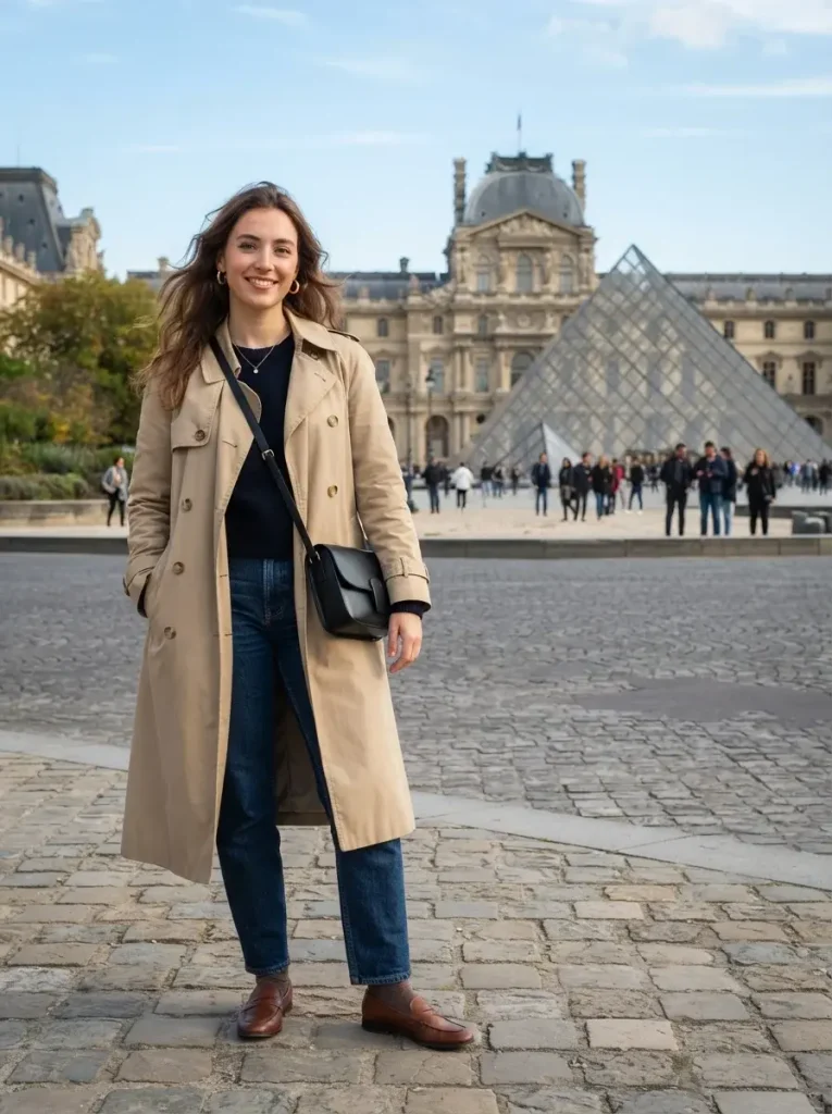 A midweight trench a fine knit underneath straight jeans
