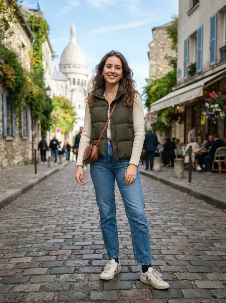 A puffer vest over a long sleeve knit jeans sneakers
