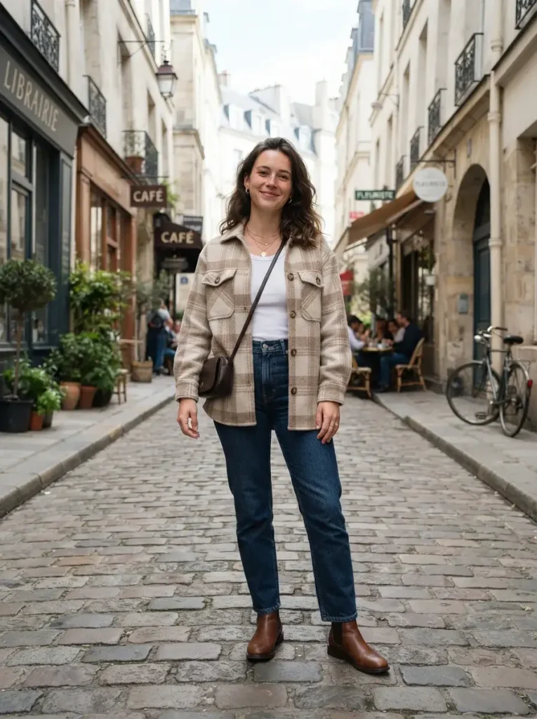 A shacket shirt jacket over a tank straight leg pants