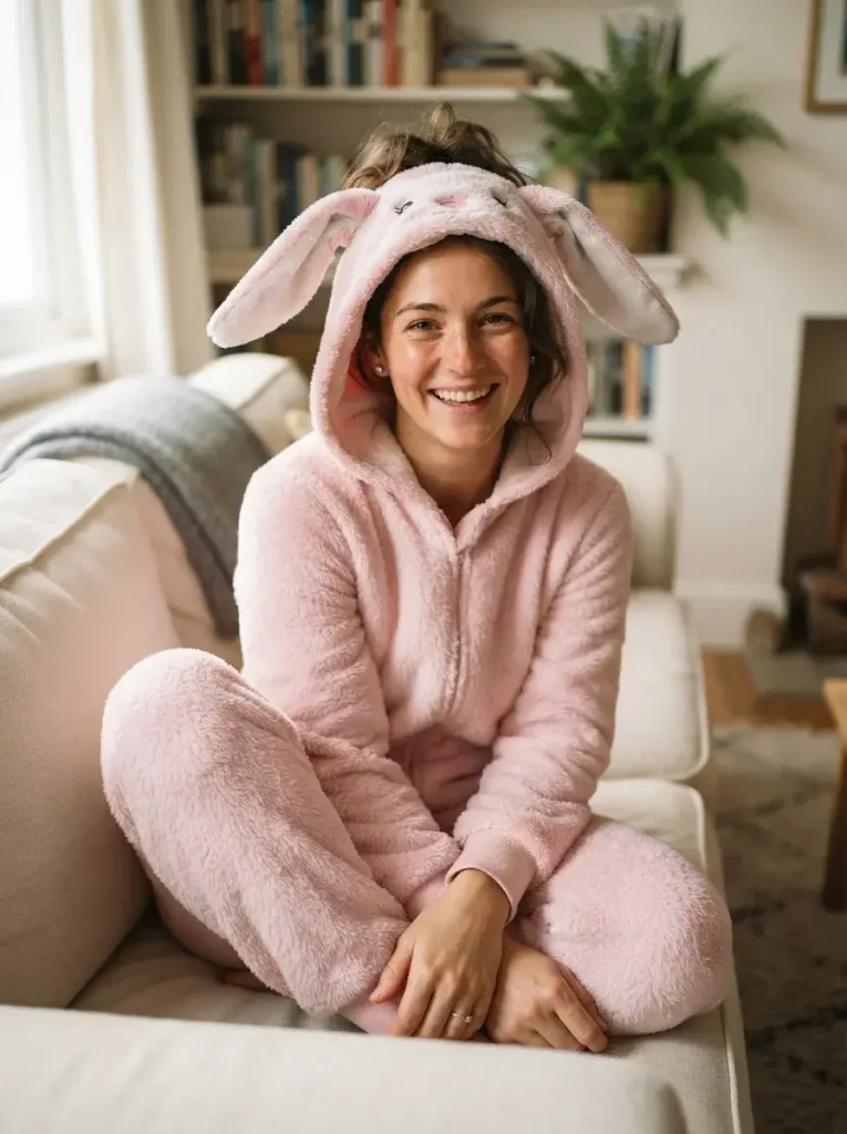 A simple animal onesie with soft ears sewn onto the hood