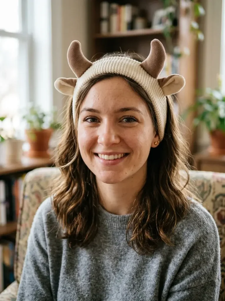 A simple pair of soft horns or ears on a stretchy headband treated as optional