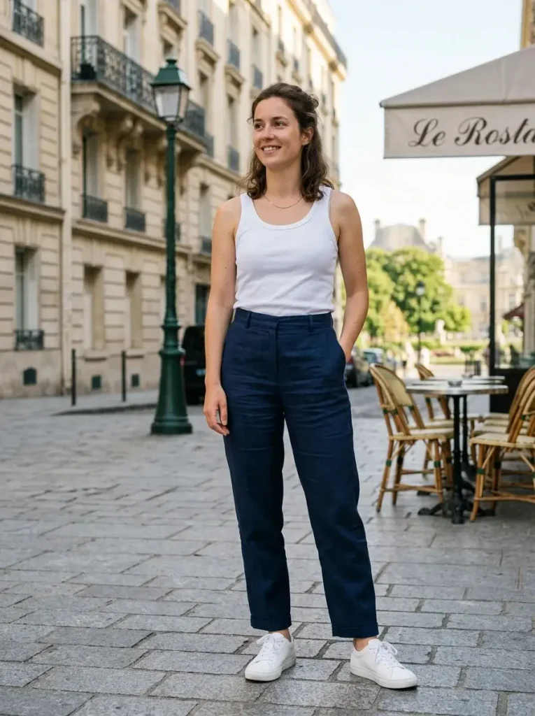 15 Early Fall Outfits for the Weeks You Can't Trust the Weather 6 A simple tank and straight leg trousers