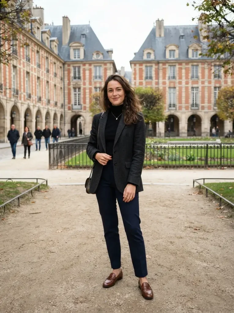 A wool blazer over a turtleneck trousers loafers