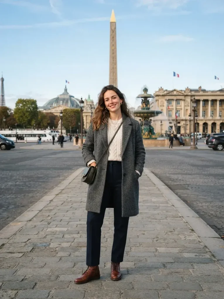 A wool coat a cable knit straight trousers boots