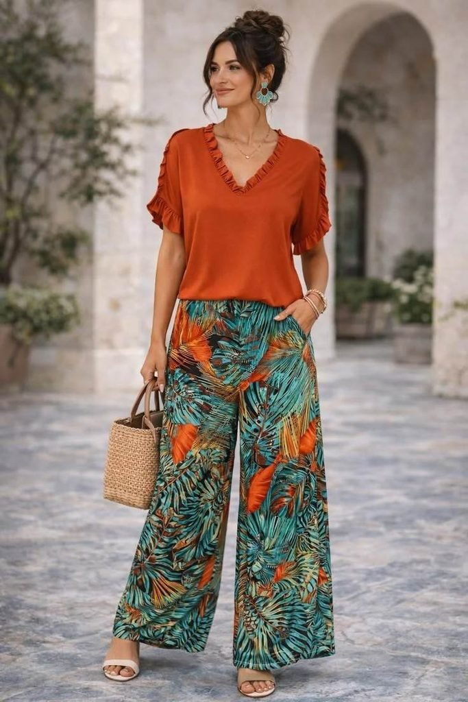 Your Autumn Cart Is Calling: 17 Shein Fall Outfits With Major Style 6 Abstract Print Shirt With Solid Palazzo Pants
