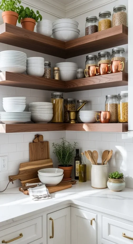 19 Kitchen Corner Ideas That Instantly Make Your Space Look Expensive (Without a Full Remodel) 2 Add Floating Corner Shelves