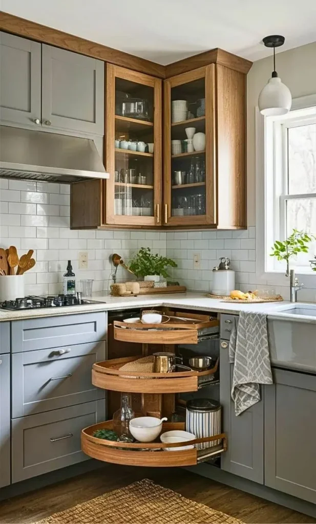 19 Kitchen Corner Ideas That Instantly Make Your Space Look Expensive (Without a Full Remodel) 9 Add Open Corner Cabinets