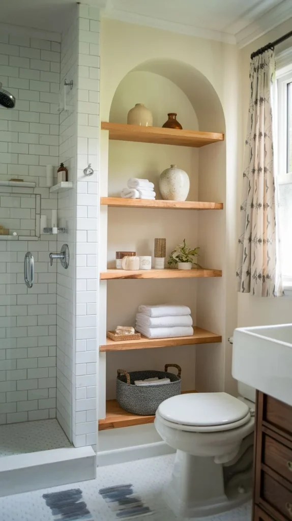 18 Guest Bathroom Ideas So Good Your Visitors Might “Accidentally” Stay Longer 7 Add Open Shelving for Style and Storage
