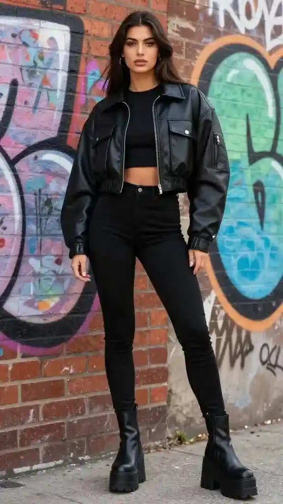 Your Fall Wardrobe Just Got Cooler: 14 Edgy Fall Outfits with Serious Attitude 3 All Black Outfit with Chunky Boots