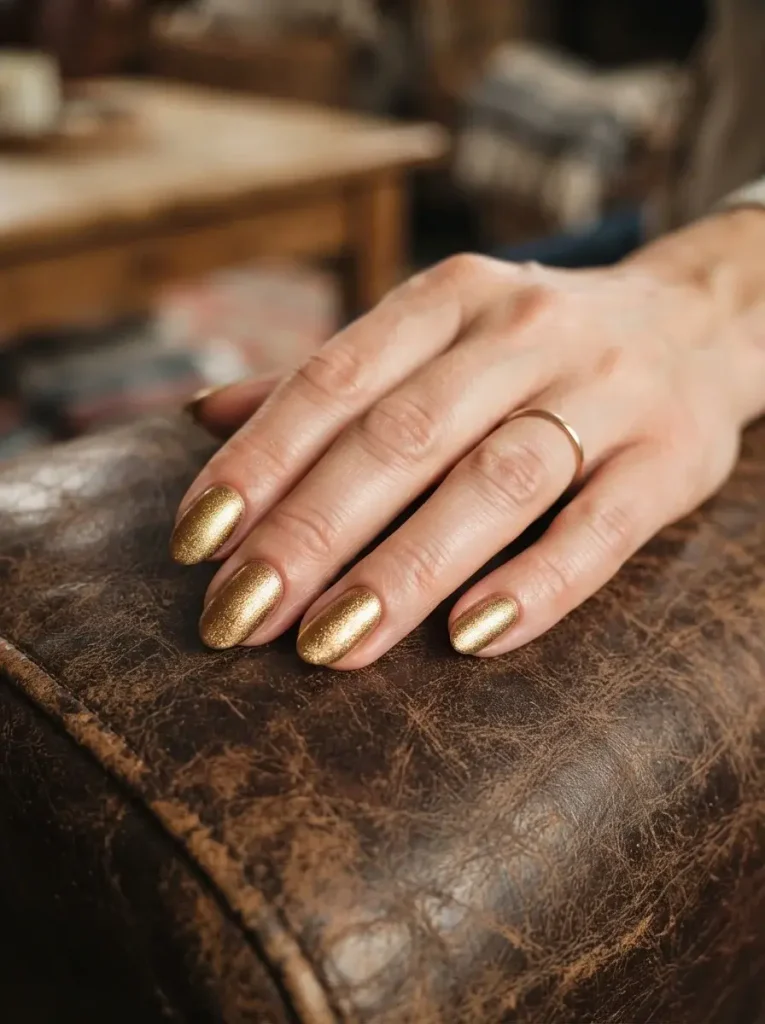 Antique Gold Shimmer Fall Almond Nails