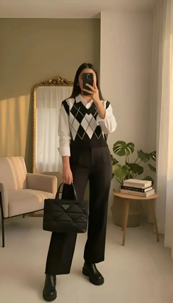 Your Fall Wardrobe Just Got Smarter With These 15 Preppy Fall Outfits 3 Argyle Sweater Vest Over a White Shirt