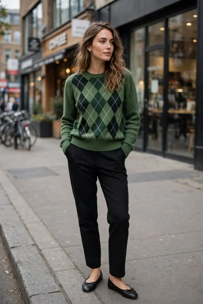 14 Fall Sweater Outfits, Sorted by the Sweater You Already Own 8 Argyle Sweater with Plain Trousers