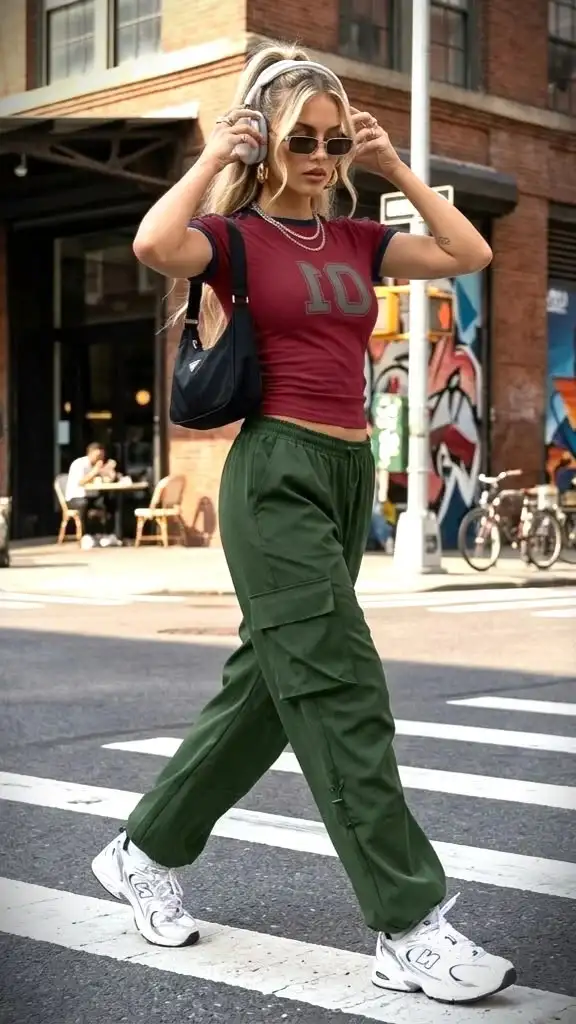 From Early Classes to Late Coffee Runs: 15 College Fall Outfits 2 Baby Tee With Parachute Pants