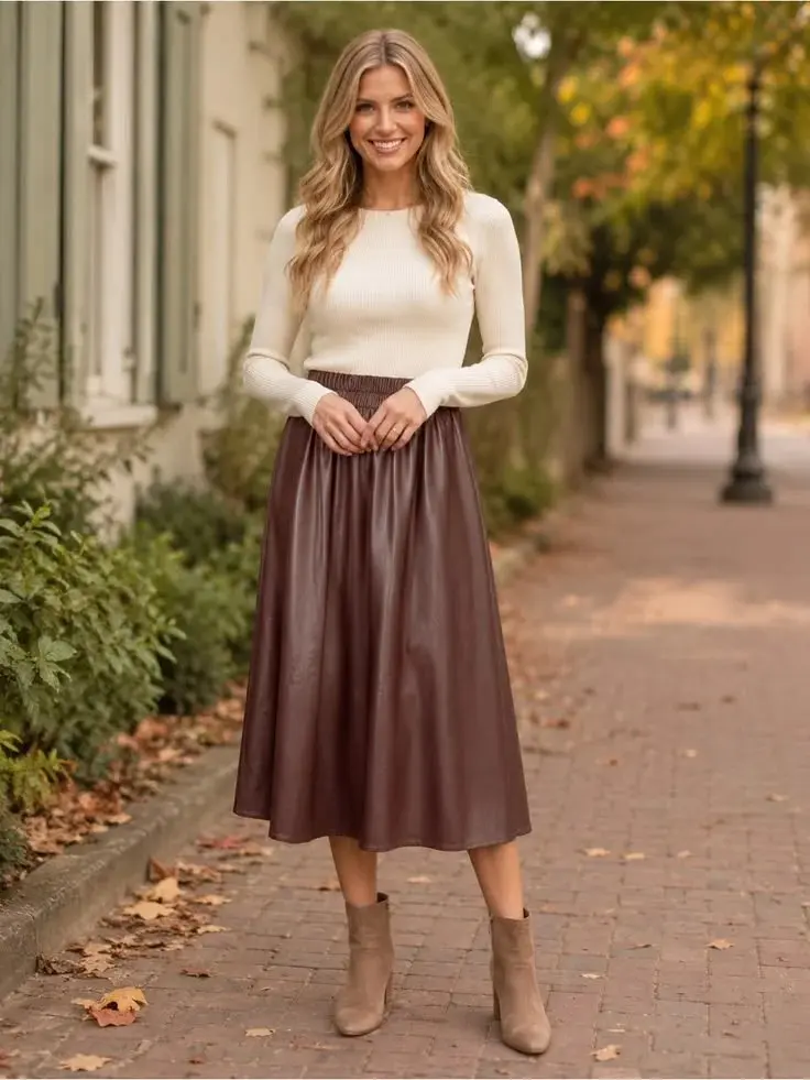 Easy Layers, Great Fits: 14 Midsize Fall Outfits That Feel So Good 4 Batwing Top With a Faux Leather Midi Skirt