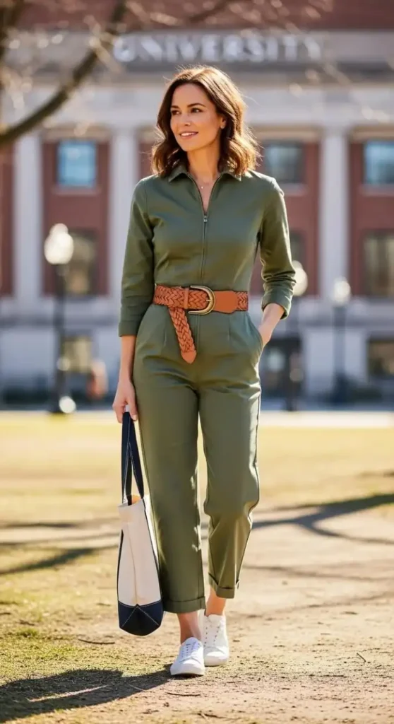 Easy Layers, Great Fits: 14 Midsize Fall Outfits That Feel So Good 11 Belted Utility Jumpsuit With Flat Shoes