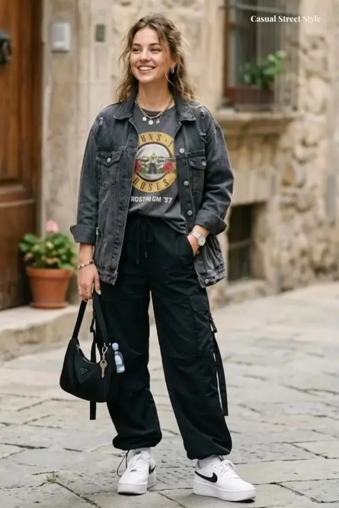 The Denim Layer You’ll Keep Reaching For: 14 Jean Jacket Outfits Fall Is Made For 2 Black Denim Jacket With Cargo Pants