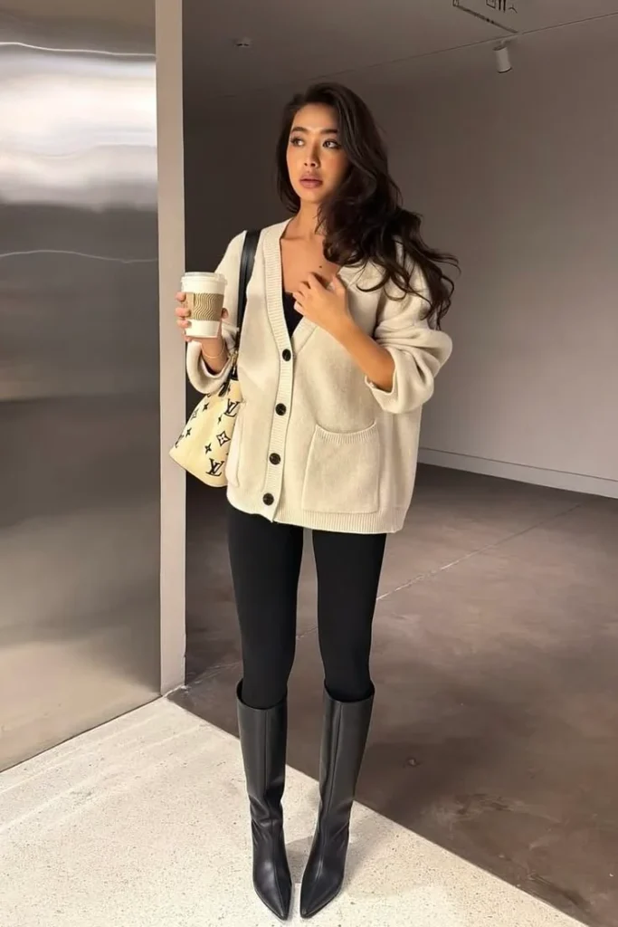 17 Fall Outfits with Boots That Make Getting Dressed Feel So Much Easier 2 Black Leggings Oversized Sweater and Riding Boots