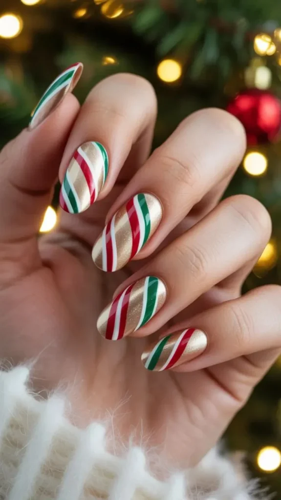 Dark, Festive, and Seriously Chic: 16 Black Christmas Nails for a Stylish Holiday Look 9 Black Nails With Candy Cane Stripes