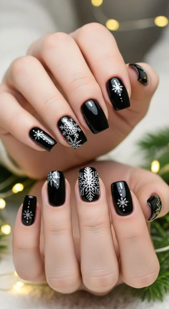 Dark, Festive, and Seriously Chic: 16 Black Christmas Nails for a Stylish Holiday Look 17 Black Nails With Crystal Snowflakes