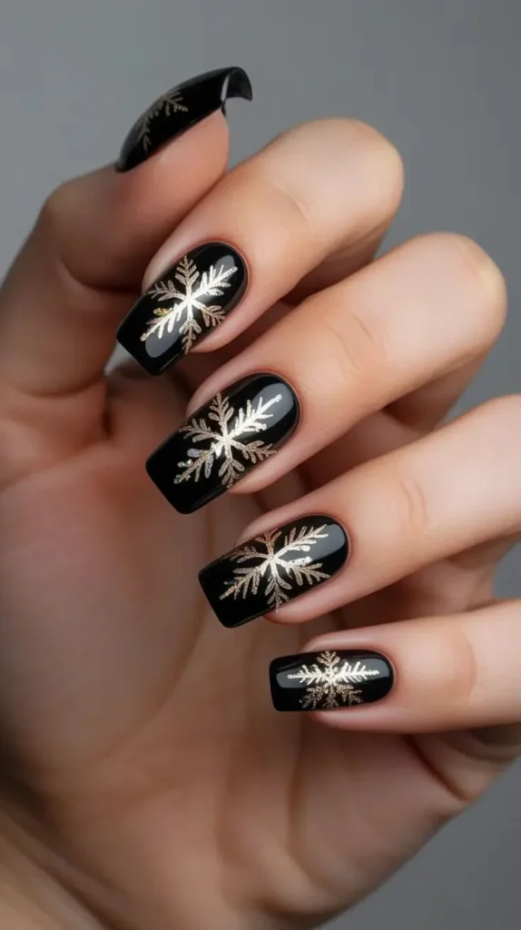 Dark, Festive, and Seriously Chic: 16 Black Christmas Nails for a Stylish Holiday Look 11 Black Nails With Gold Foil