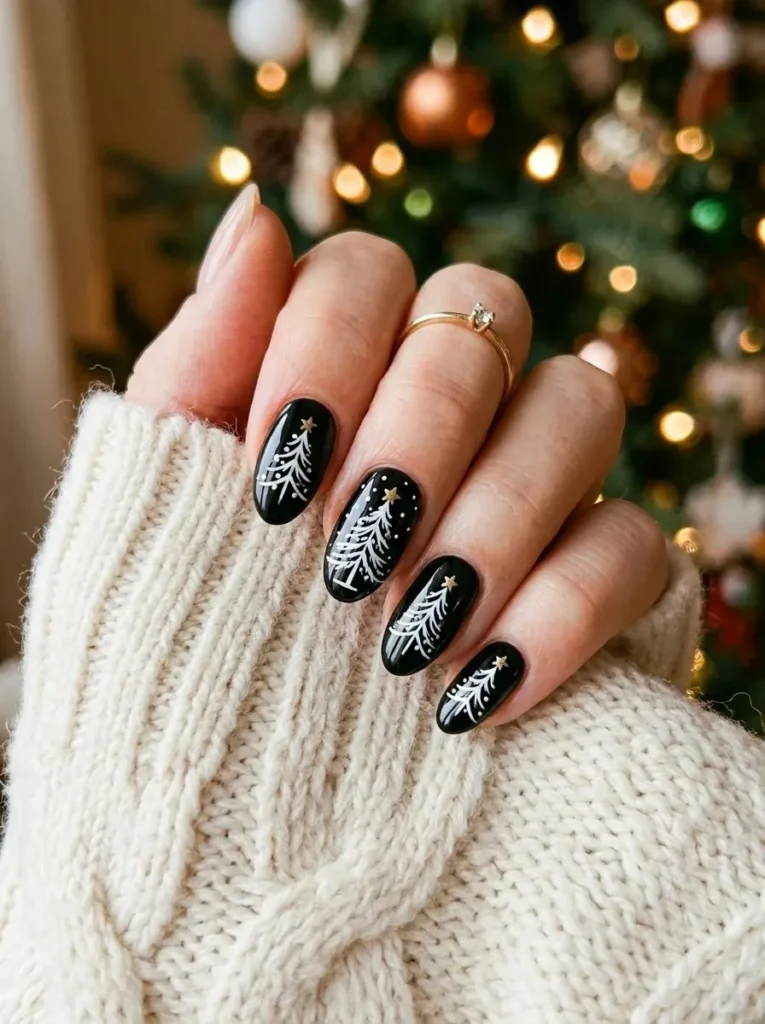 Dark, Festive, and Seriously Chic: 16 Black Christmas Nails for a Stylish Holiday Look 5 Black Nails With White Christmas Trees