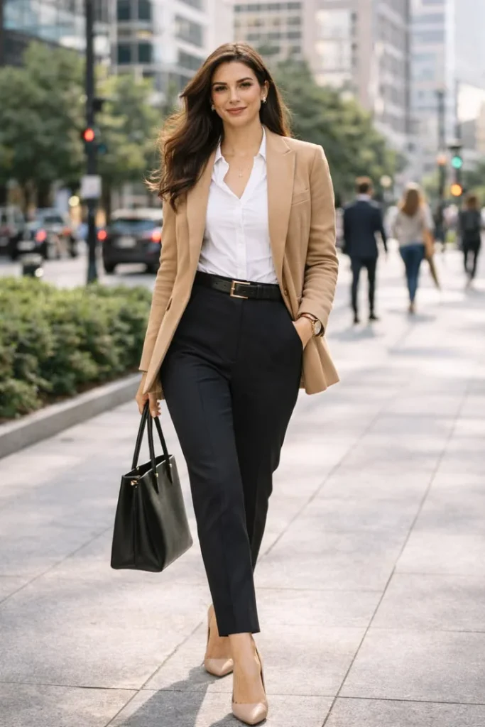 Fall Office Style Made Easy: 15 Fall Business Casual Outfits That Look Effortlessly Polished 5 Black Pants and a Camel Blazer