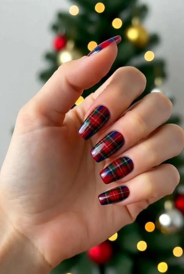 Dark, Festive, and Seriously Chic: 16 Black Christmas Nails for a Stylish Holiday Look 8 Black Plaid Nails With Red Details