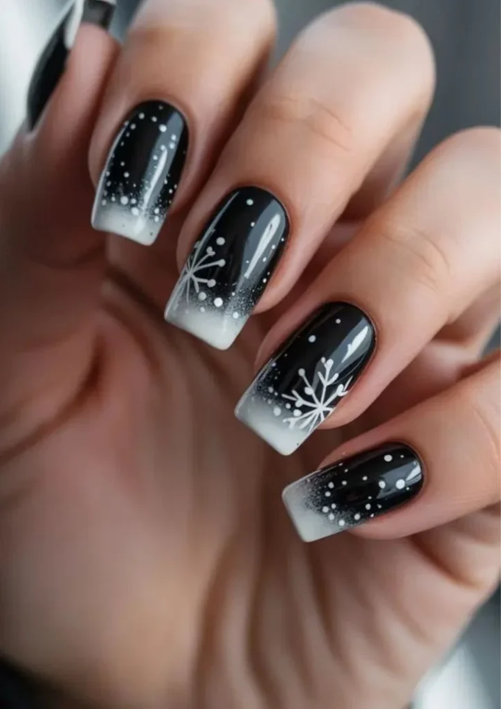 Dark, Festive, and Seriously Chic: 16 Black Christmas Nails for a Stylish Holiday Look 12 Black Snowy Night Nails