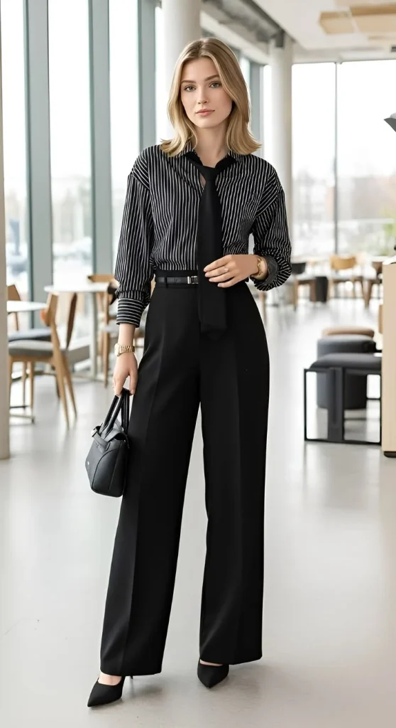 16 Fall Work Outfits That Make Getting Dressed for the Office So Much Easier 4 Black Trousers With a Striped Shirt