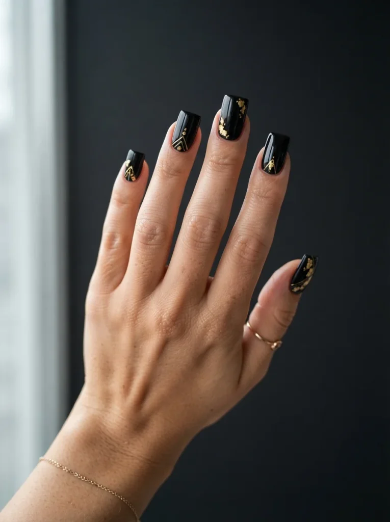 15 Fall Square Nails That Will Make Your Autumn Manicure Look Trendy and Elegant 8 Black and Gold Square Fall Nails